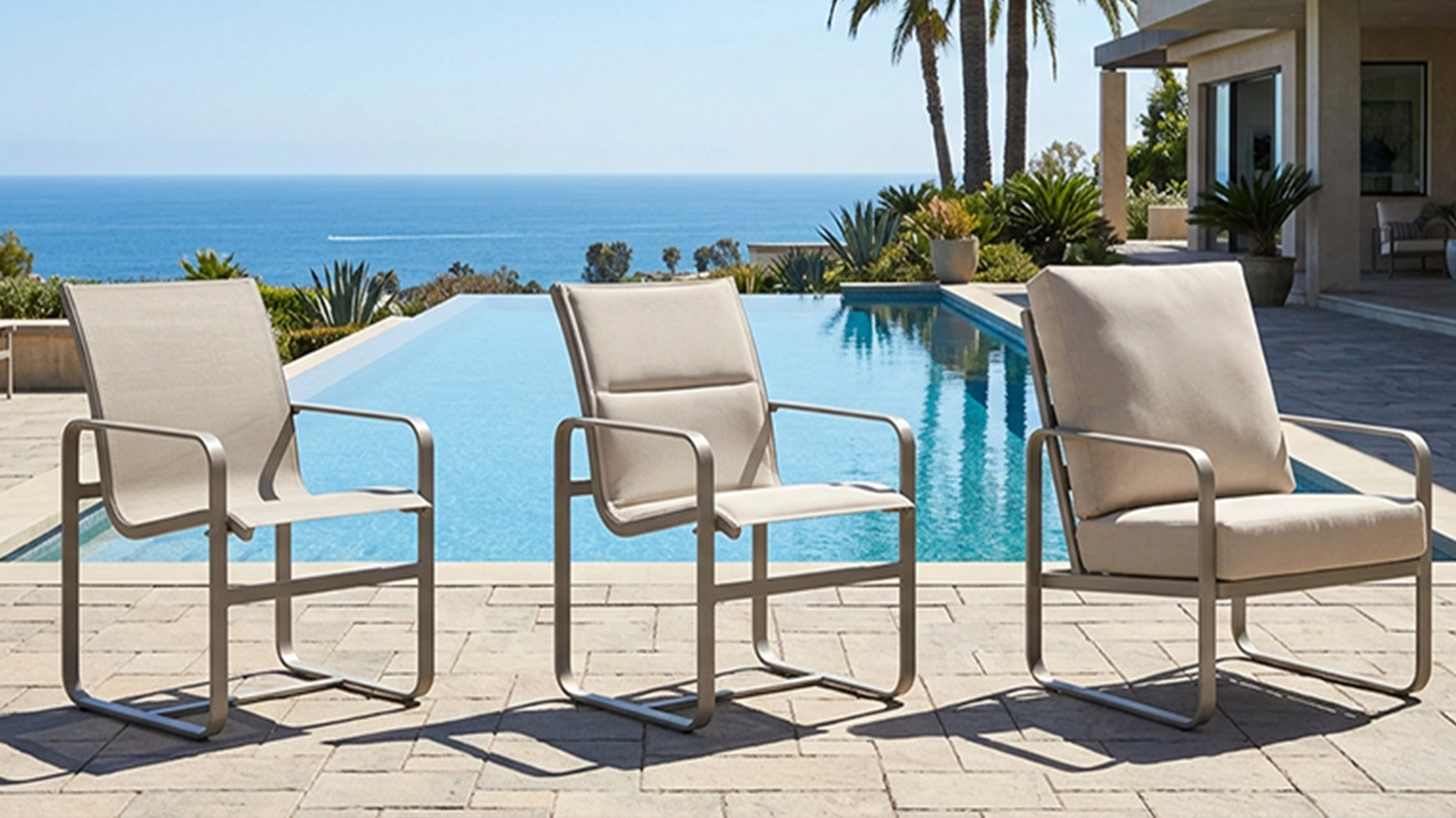 Close-up examples of commercial pool furniture sling, padded sling and cushion seating materials